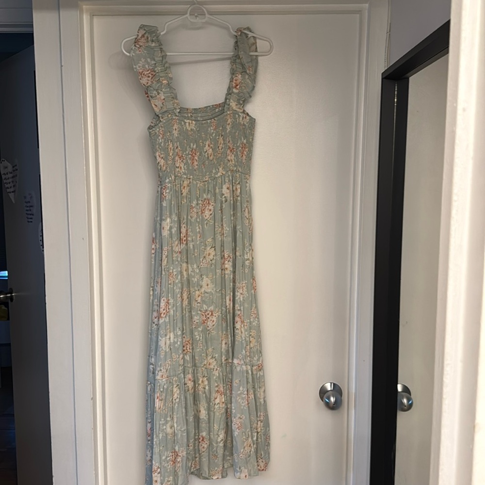 Long smocked floral dress.